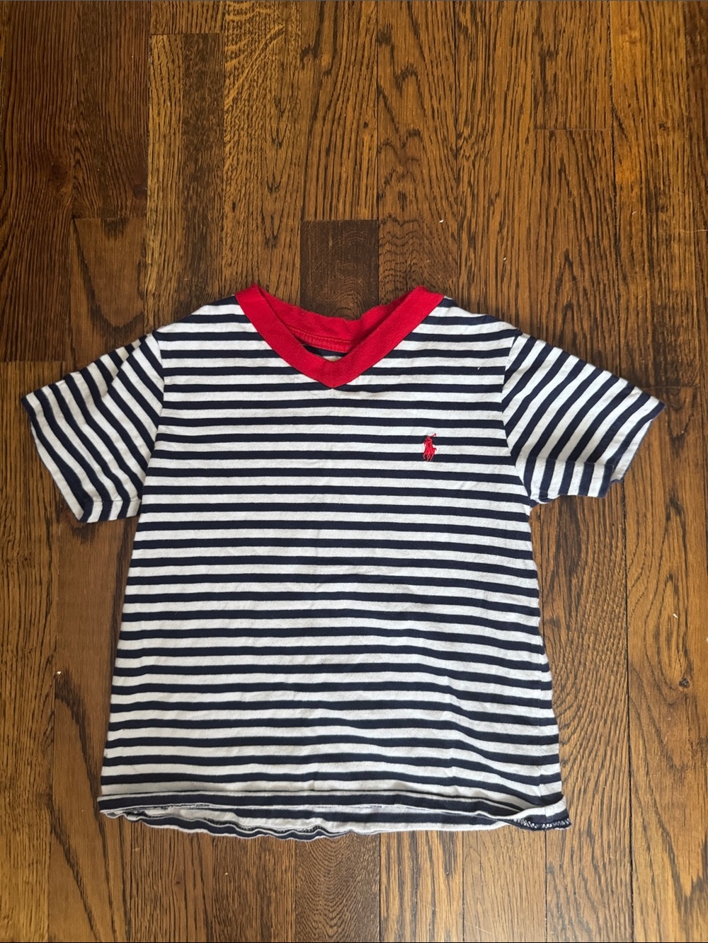 Ralph Lauren Navy & White Striped V-Neck Tee with Red Trim